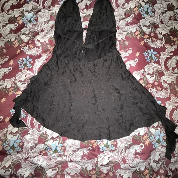 NWOT - Edikted Black Shredded Mini Dress with Plunge Neckline - Picture 7 of 11